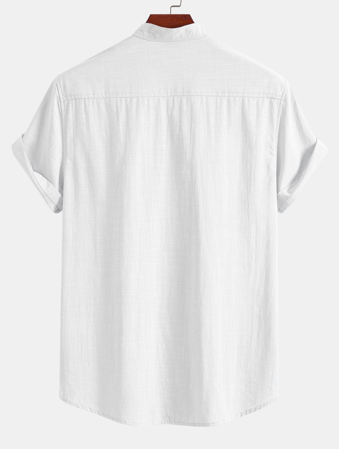Short Sleeve Linen Look Stand Collar Shirt & Linen Blend Drawstring 7" Shorts