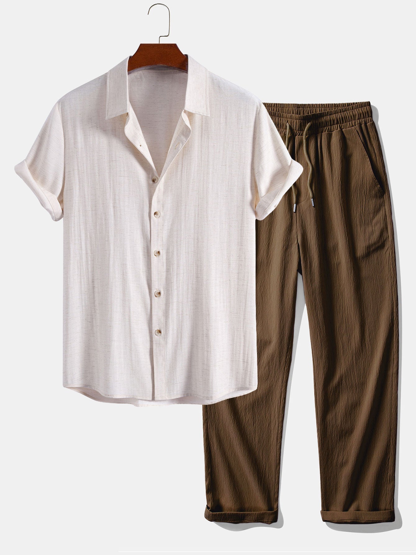 Linen Rayon Blend Button Up Shirt & Crinkle Textured Straight Leg Pants