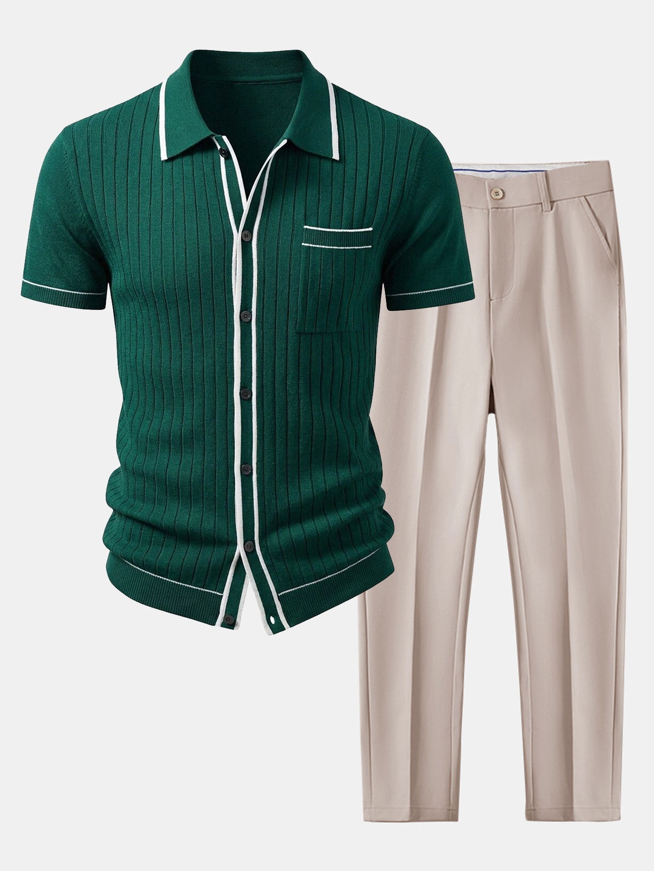 Contrast Trim Ribbed Knit Shirt & Slim Fit Tapered Trousers