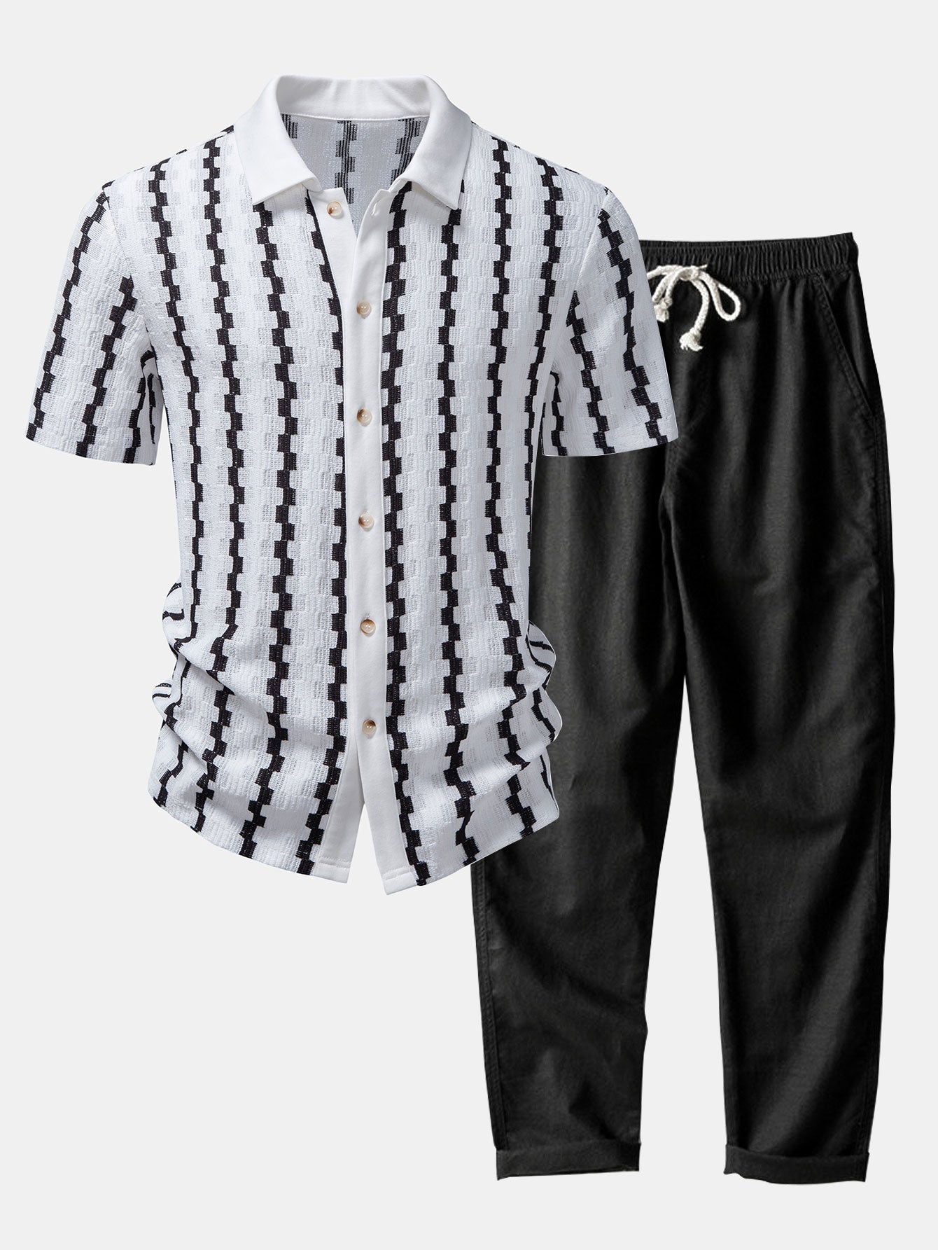 Plaid Jacquard Button Up Shirt & Straight Leg Linen Pants