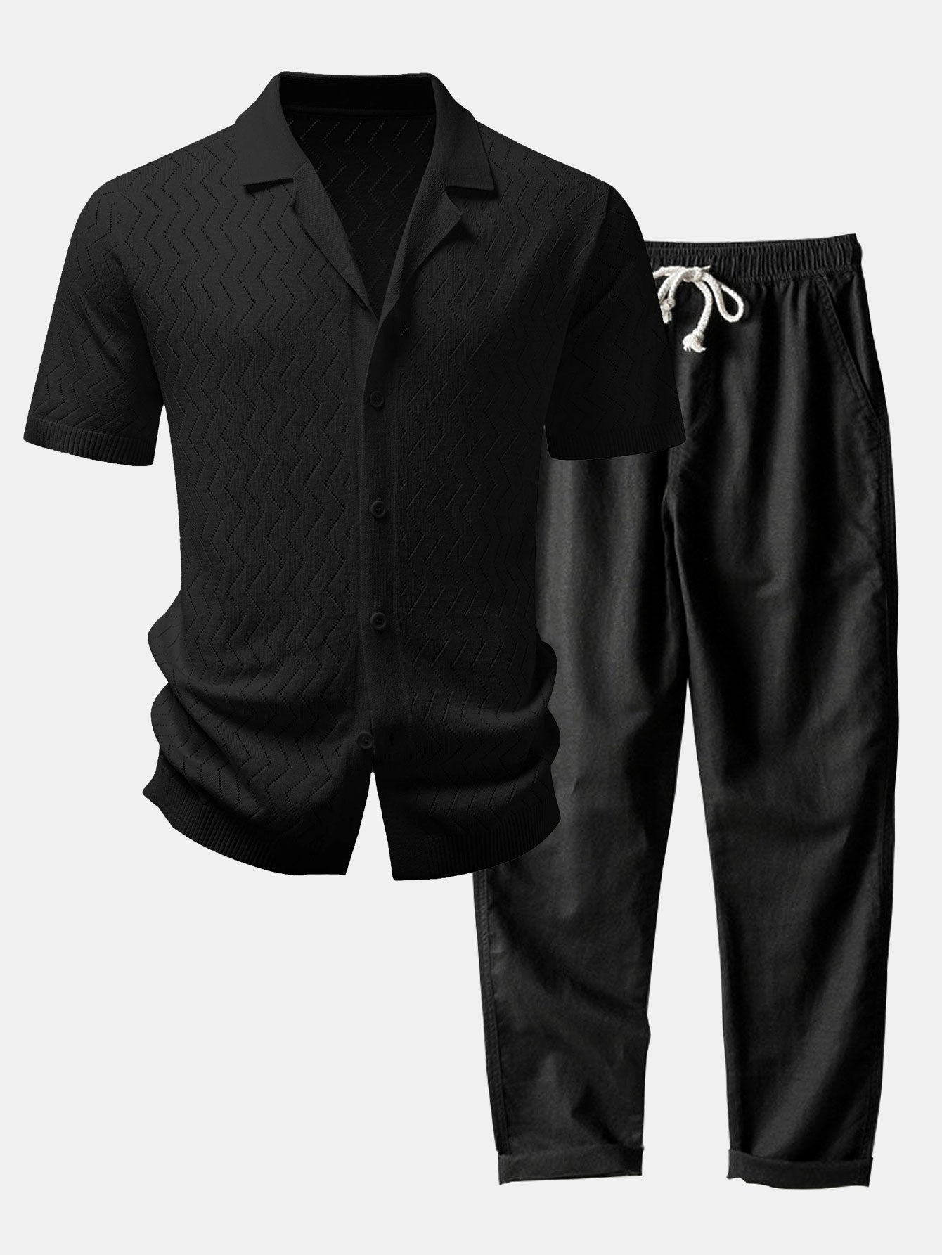 Zig Zag Open Knit Shirt & Straight Leg Linen Pants