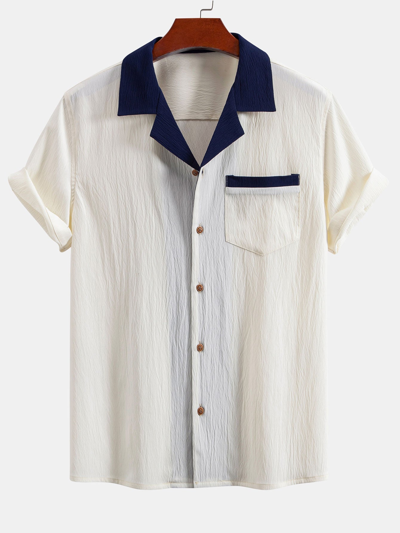 Crinkle Textured Contrast Cuban Shirt & Drawstring 5" Shorts