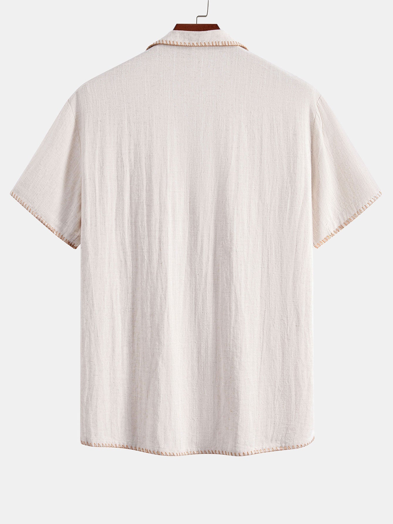Contrast Stitching Linen Rayon Blend Cuban Shirt & Crinkle Textured Straight Leg Pants