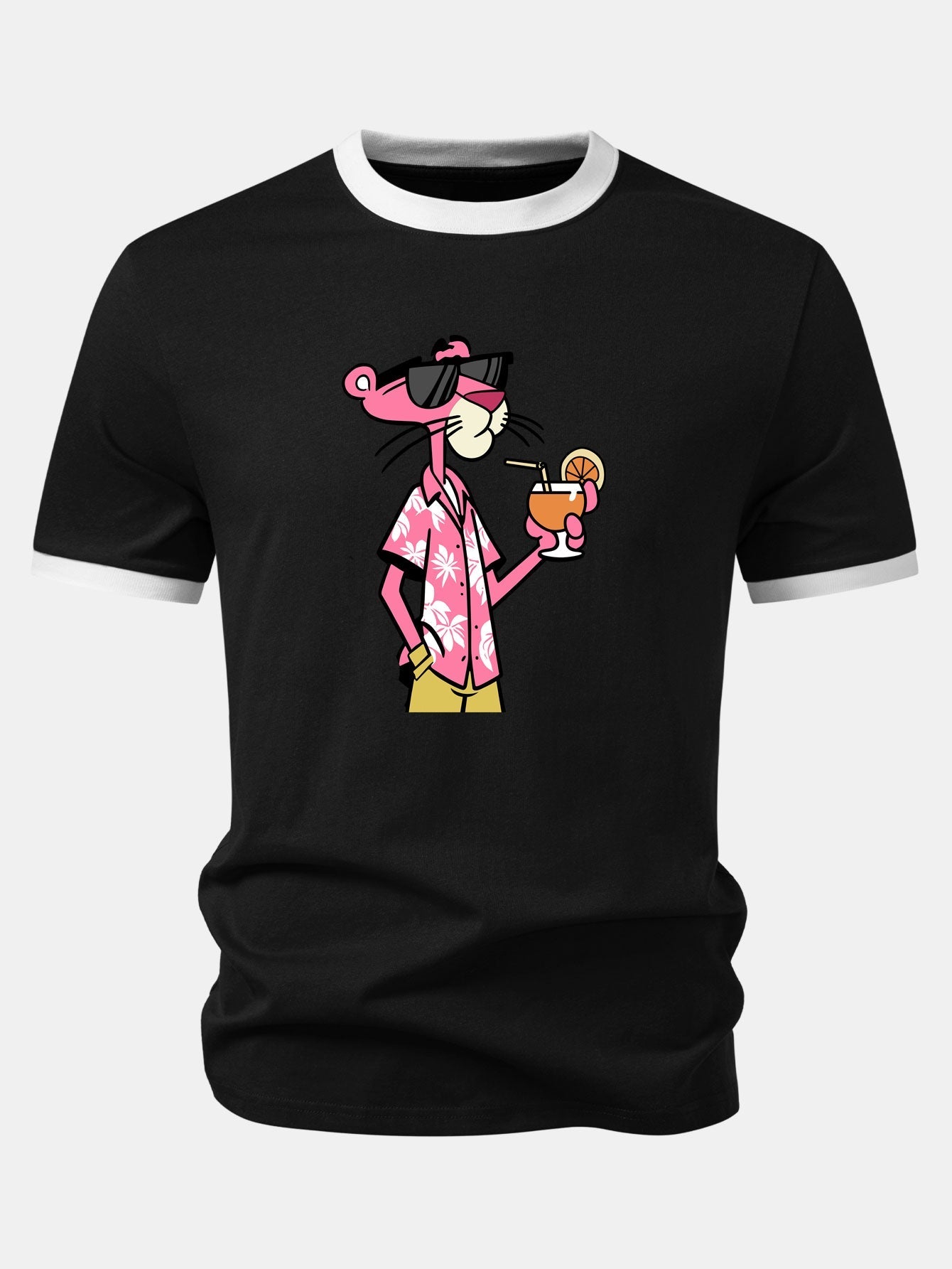 Vacation Pink Panther Print Contrast Ringer T-Shirt & 5" Drawstring  Corduroy Shorts