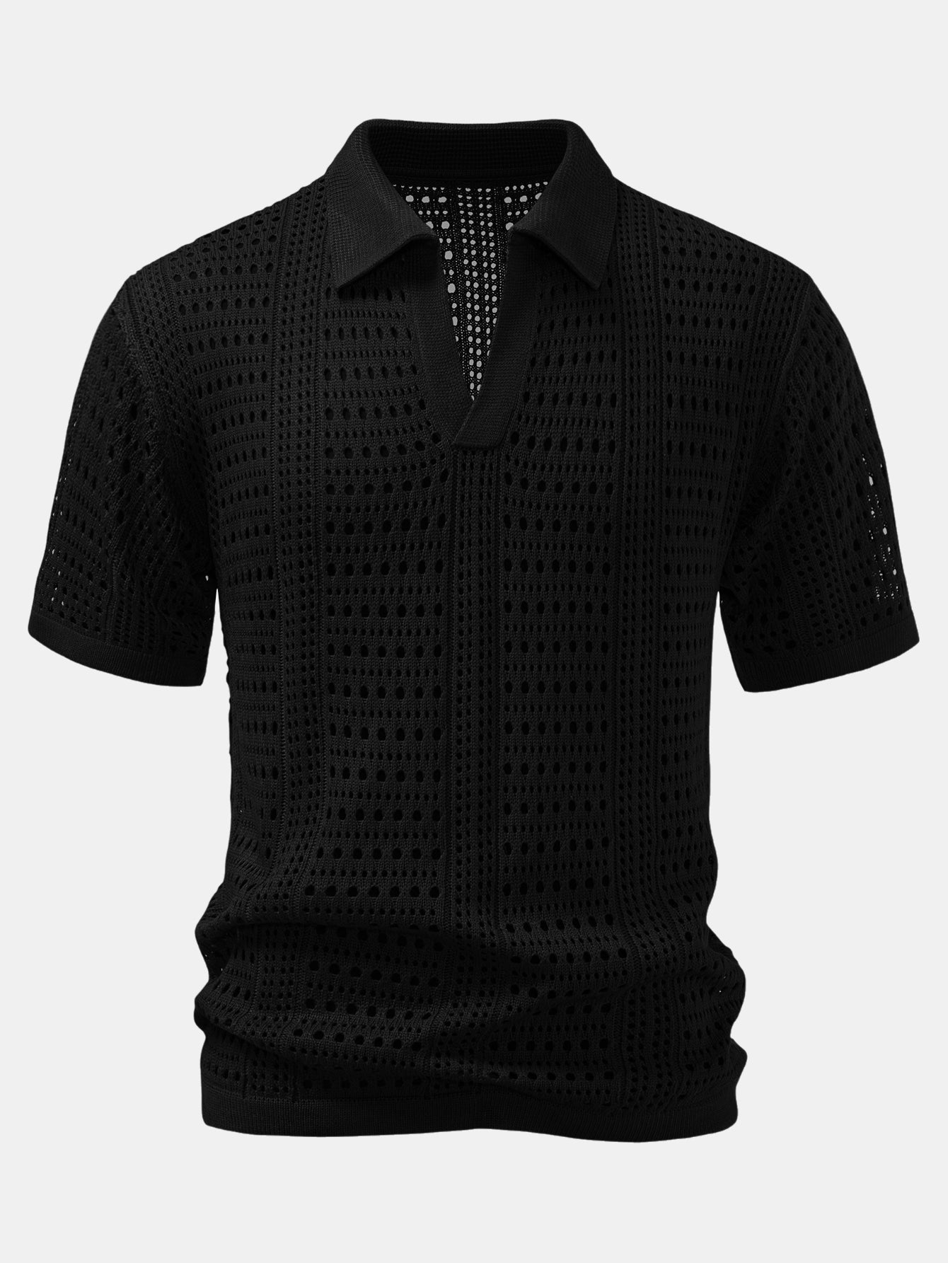 Crochet  V Neck Polo Shirt & Crinkle Textured Drawstring 5" Shorts