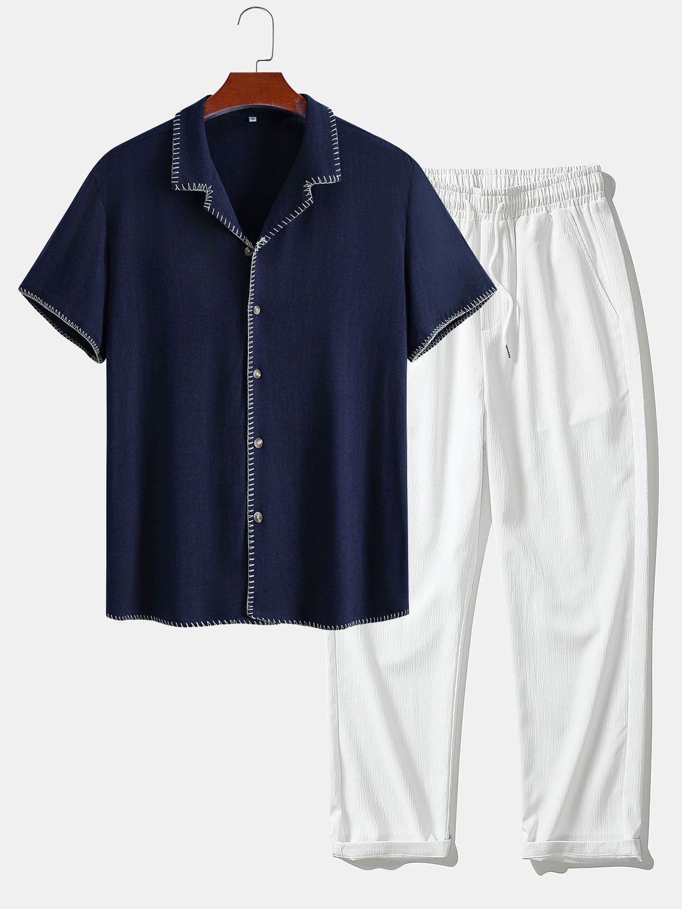Contrast Stitching Linen Rayon Blend Cuban Shirt & Crinkle Textured Straight Leg Pants