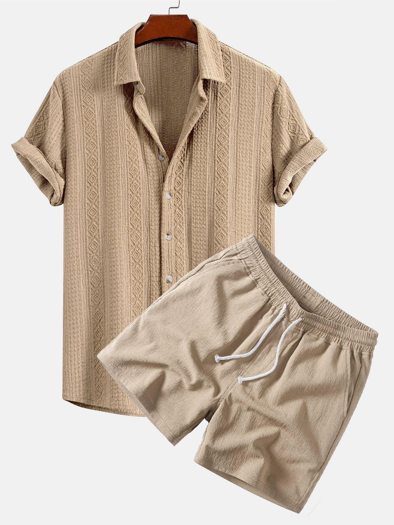 Geometric Jacquard Button Up Shirt & Crinkle Textured Drawstring 5" Shorts