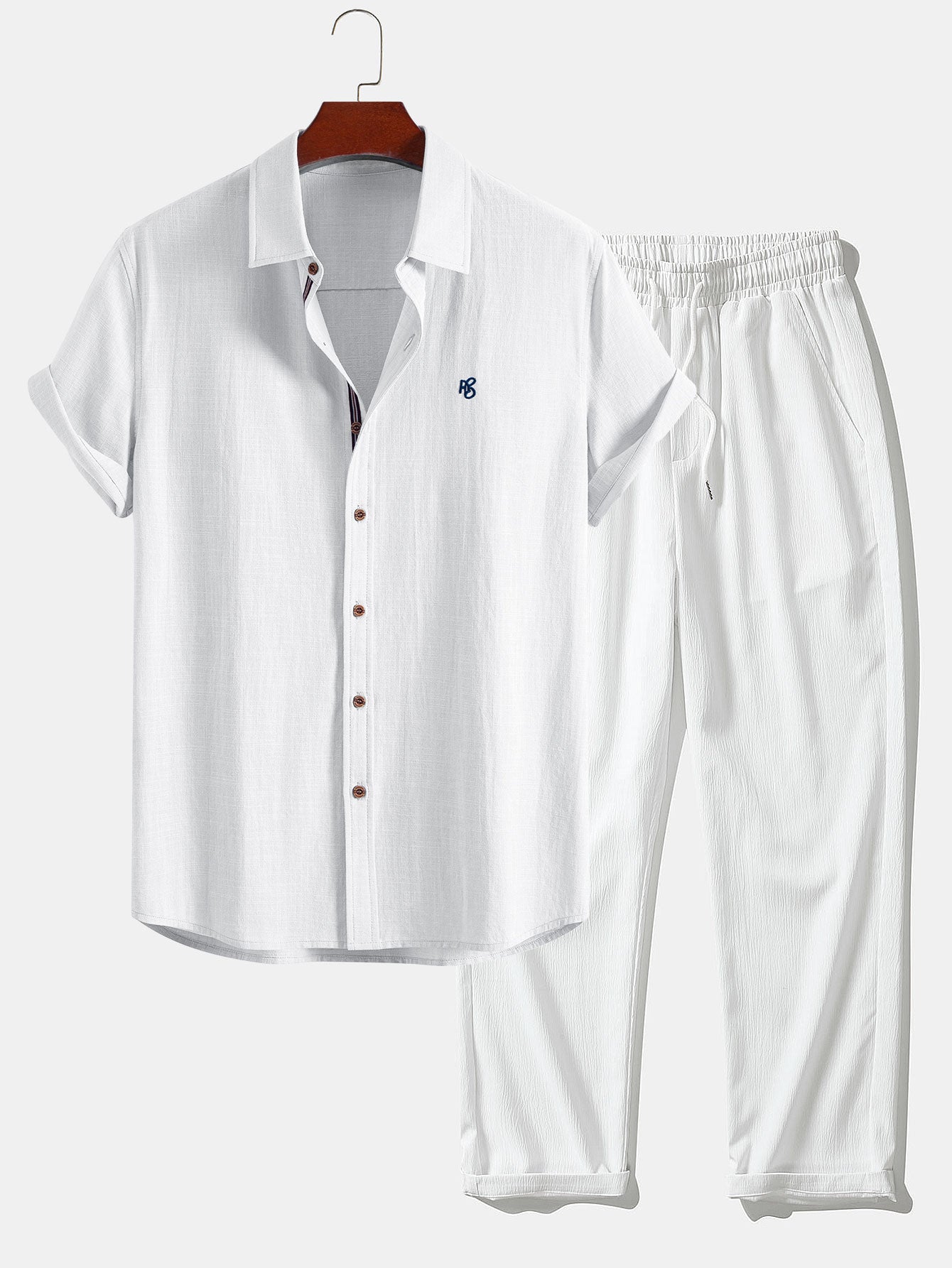Short Sleeve Linen Look Button Up Shirt & Crinkle Textured Straight Leg Pants