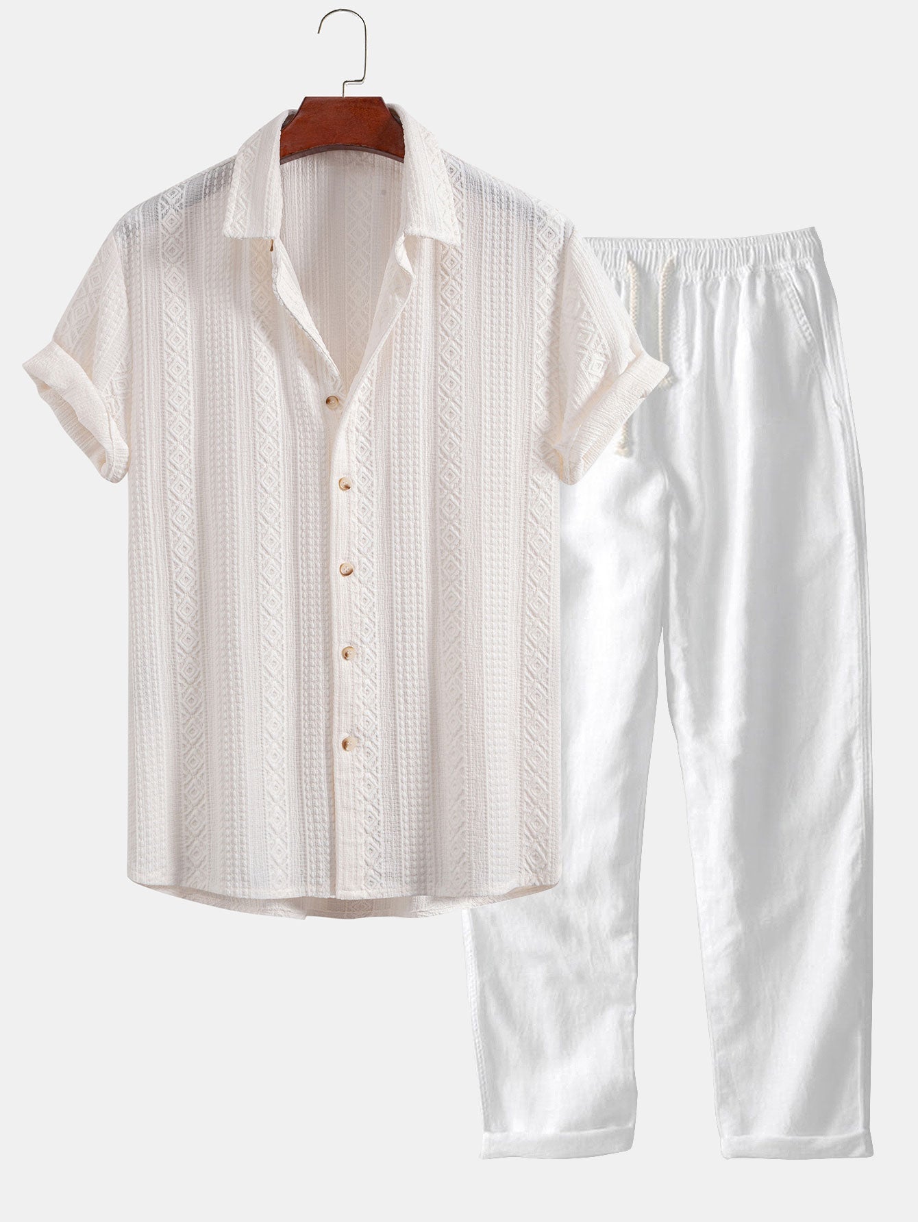 Geometric Jacquard Button Up Shirt & Straight Leg Linen Pants