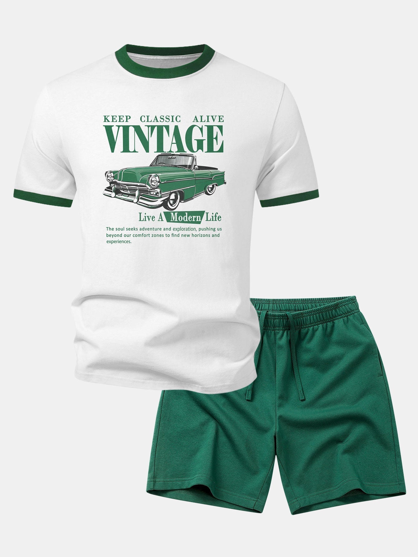 Vintage Car Print Contrast Ringer T-Shirt & Cotton Drawstring 7" Shorts