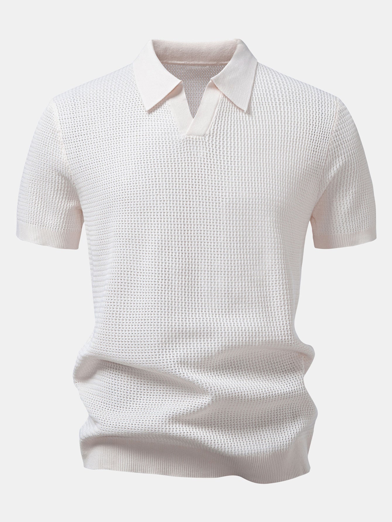 Textured Johnny Collar Crocheted Knit Polo & Straight Leg Linen Pants