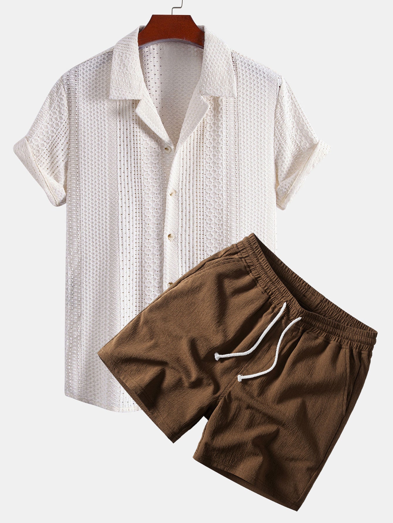 Geometric Jacquard Cuban Collar Shirt & Crinkle Textured Drawstring 5" Shorts