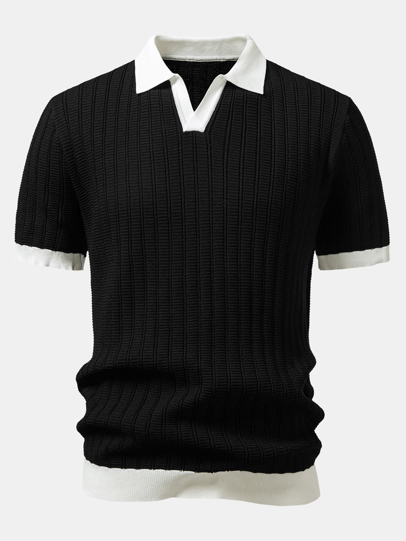 Contrast Textured Johnny Collar Knit Polo & Elastic Waist Straight Leg Trousers