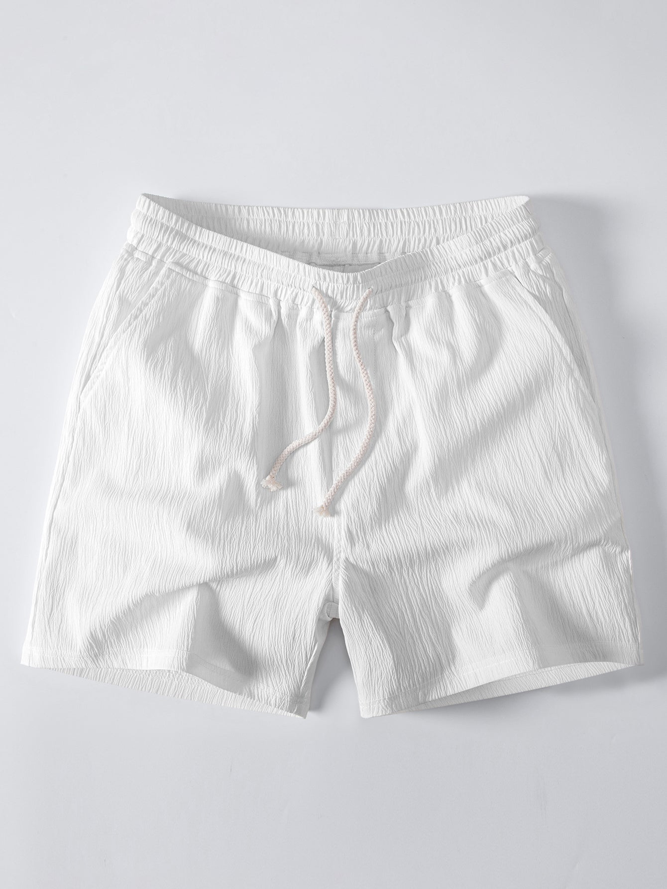 Geometric Striped Jacquard Button Up Shirt & Crinkle Textured Drawstring 5" Shorts