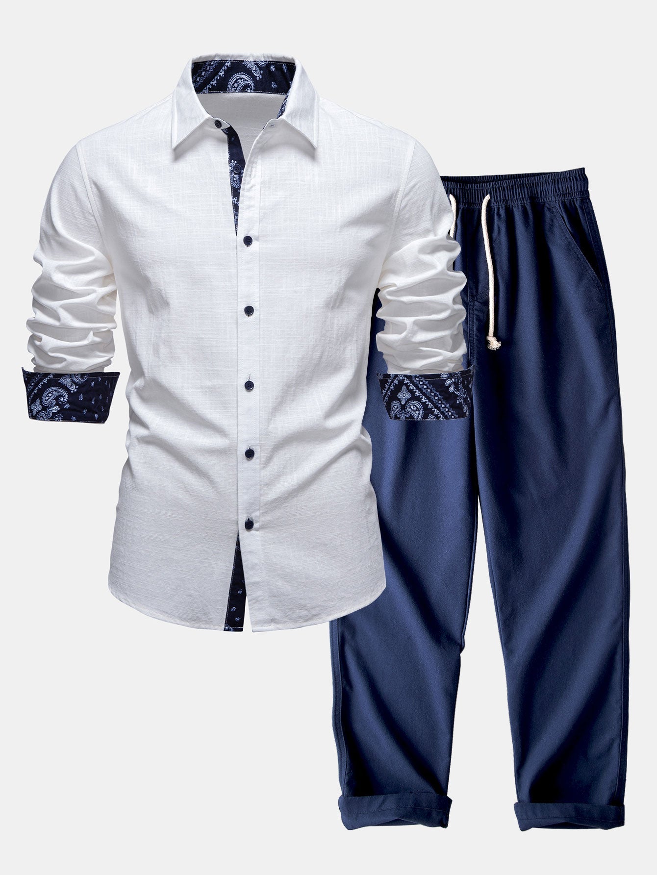 Contrast Paisley Print Linen Look Shirt & Straight Leg Linen Pants