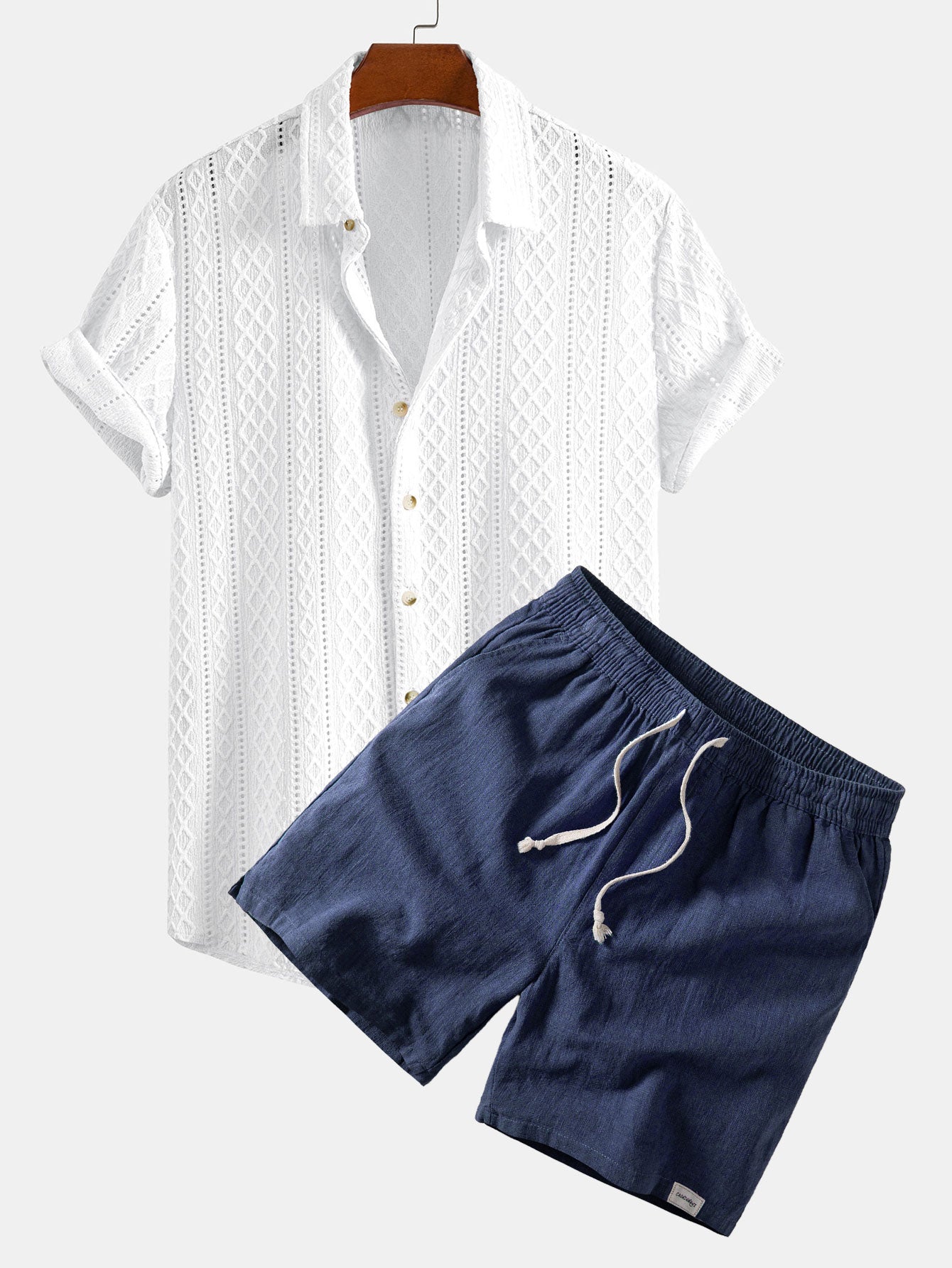 Geometry Rhombus Jacquard Button Up Shirt & Linen Blend Drawstring 7" Shorts