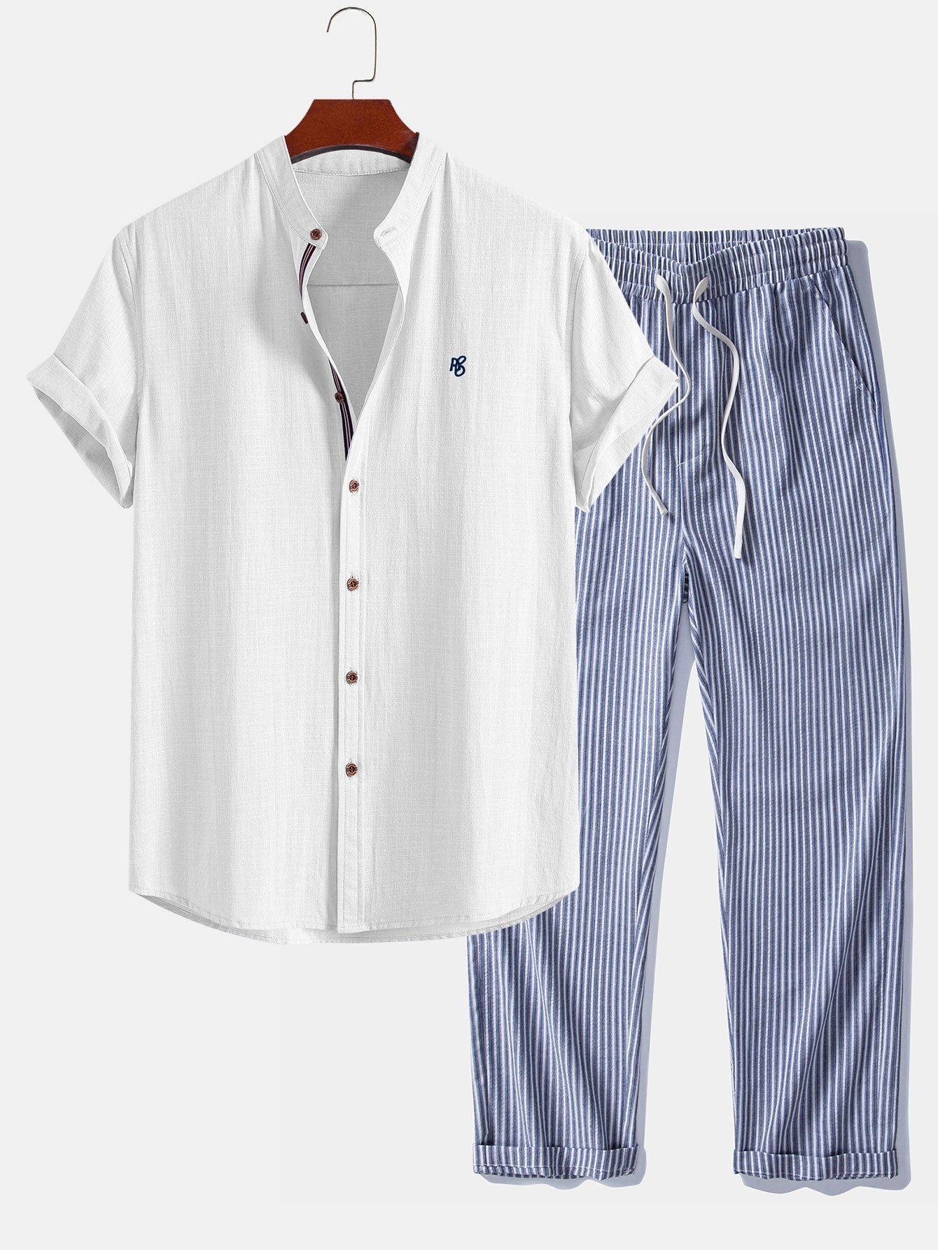 Short Sleeve Linen Look Stand Collar Shirt & Linen Look Stripe Straight Leg Pants
