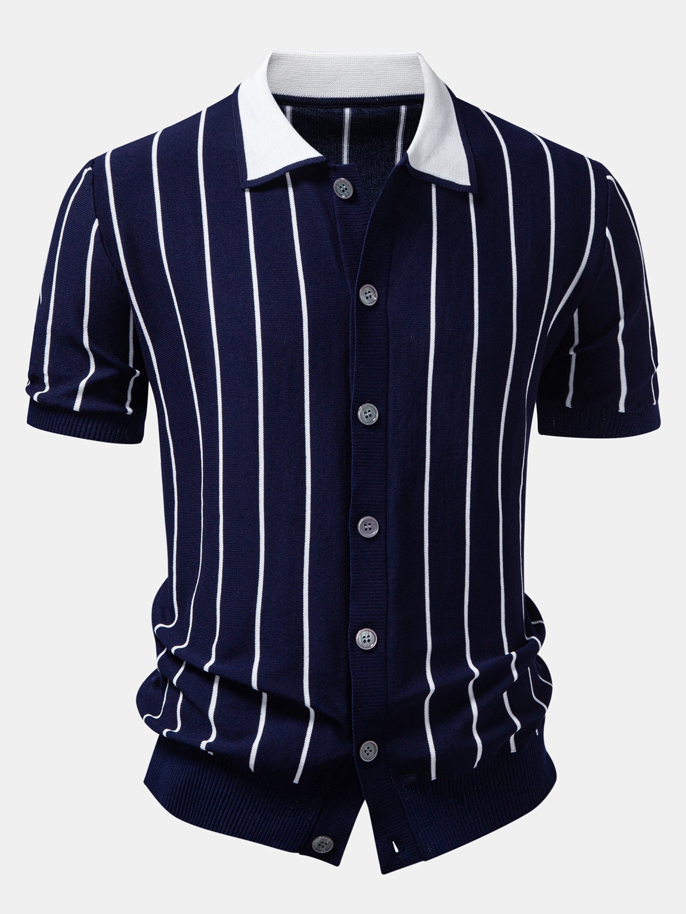 Stripe Button Up Knit Shirt & Elastic Waist Chino Shorts