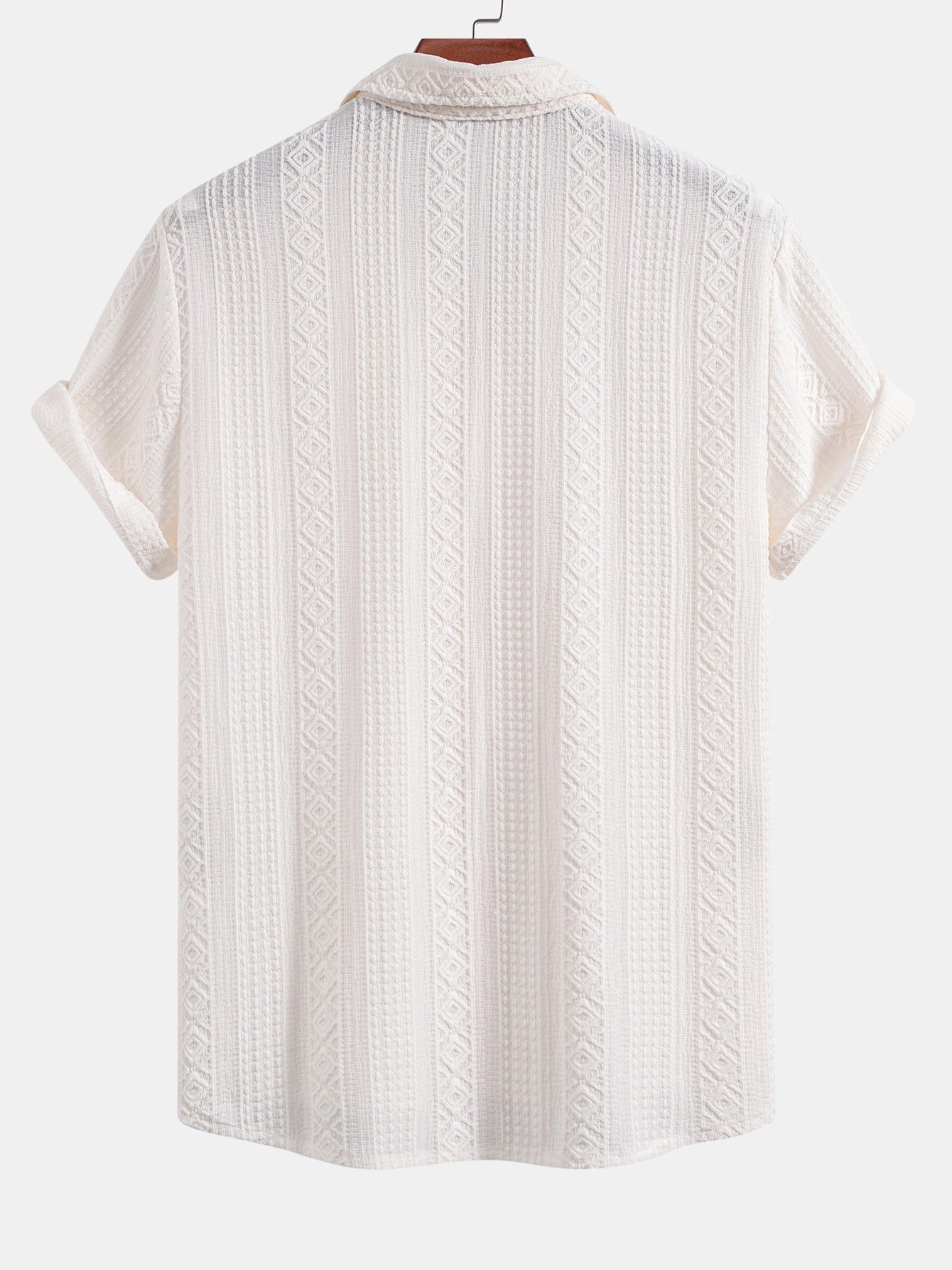 Geometric Jacquard Button Up Shirt & Crinkle Textured Drawstring 5" Shorts