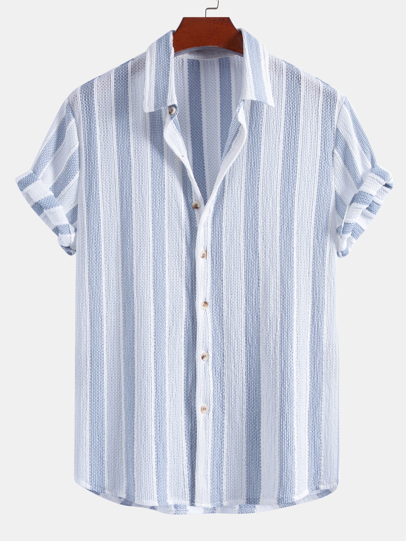 Textured Striped Button Up Shirt & Crinkle Textured Drawstring 5" Shorts