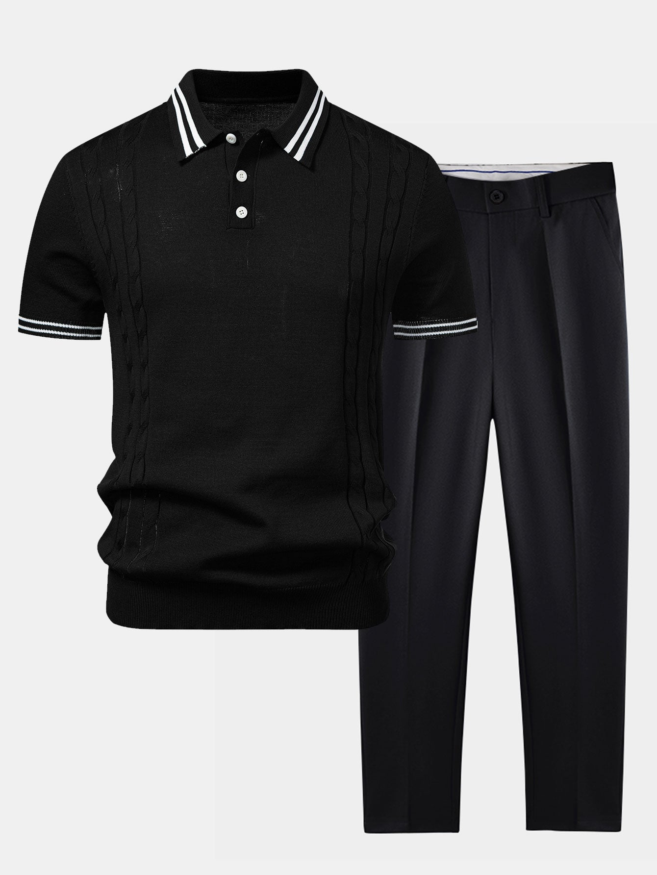 Contrast Trim Twisted Jacquard Knit Polo & Slim Fit Tapered Trousers
