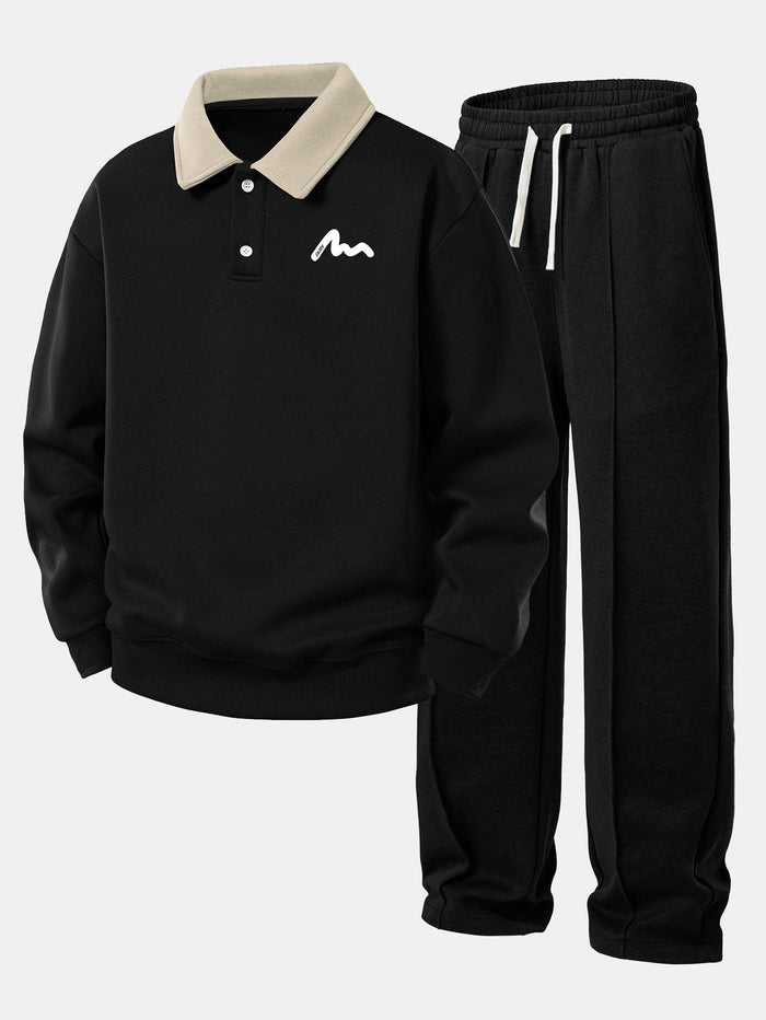 Relax Fit Letter Print Contrast Polo Sweatshirt & Straight Leg Pleated Pintuck Sweatpants