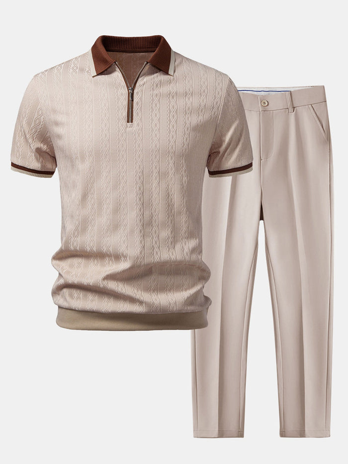 Contrast Trim Textured Zipper Knit Polo & Slim Fit Tapered Trousers