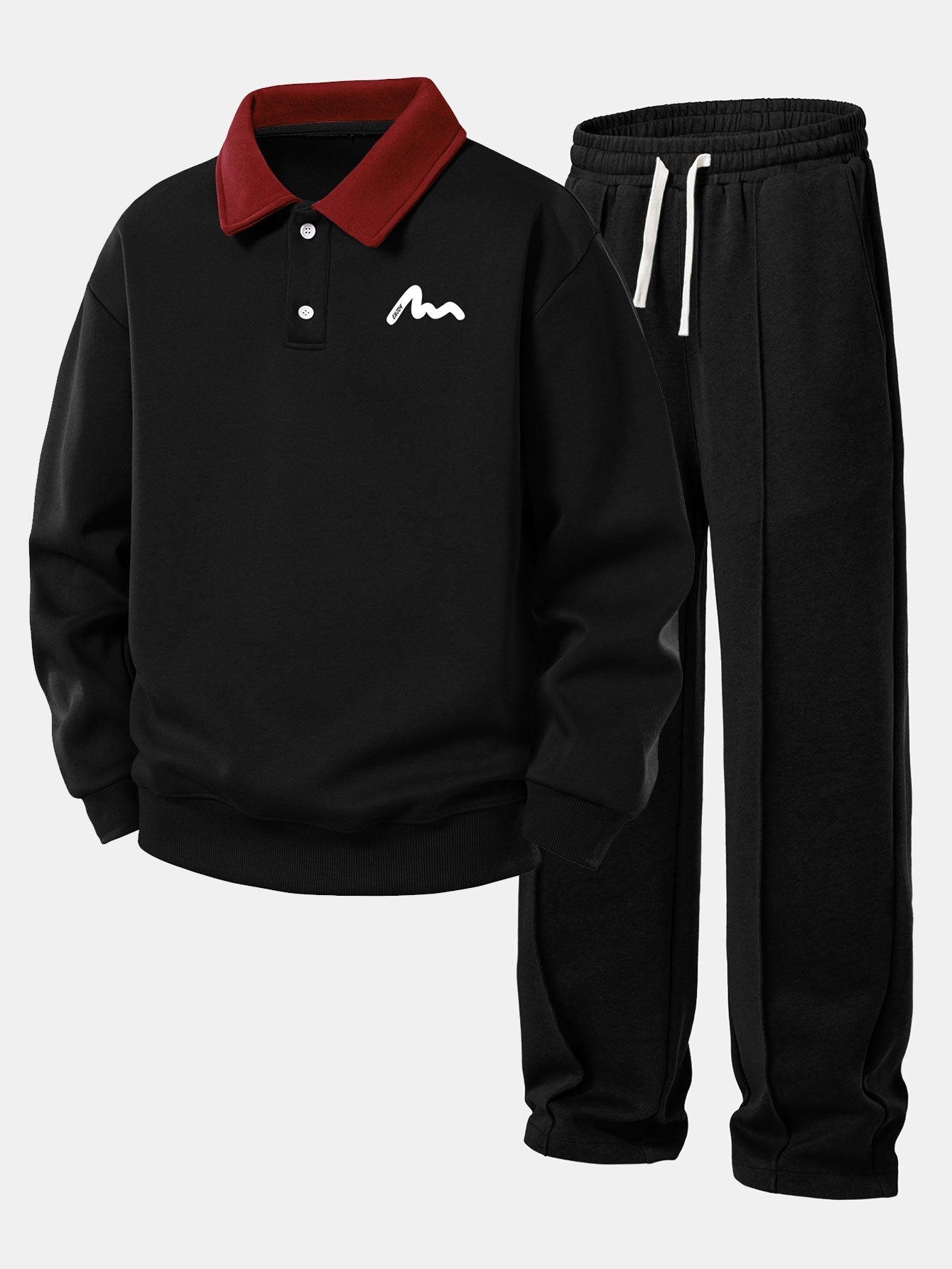 Relax Fit Letter Print Contrast Polo Sweatshirt & Straight Leg Pleated Pintuck Sweatpants