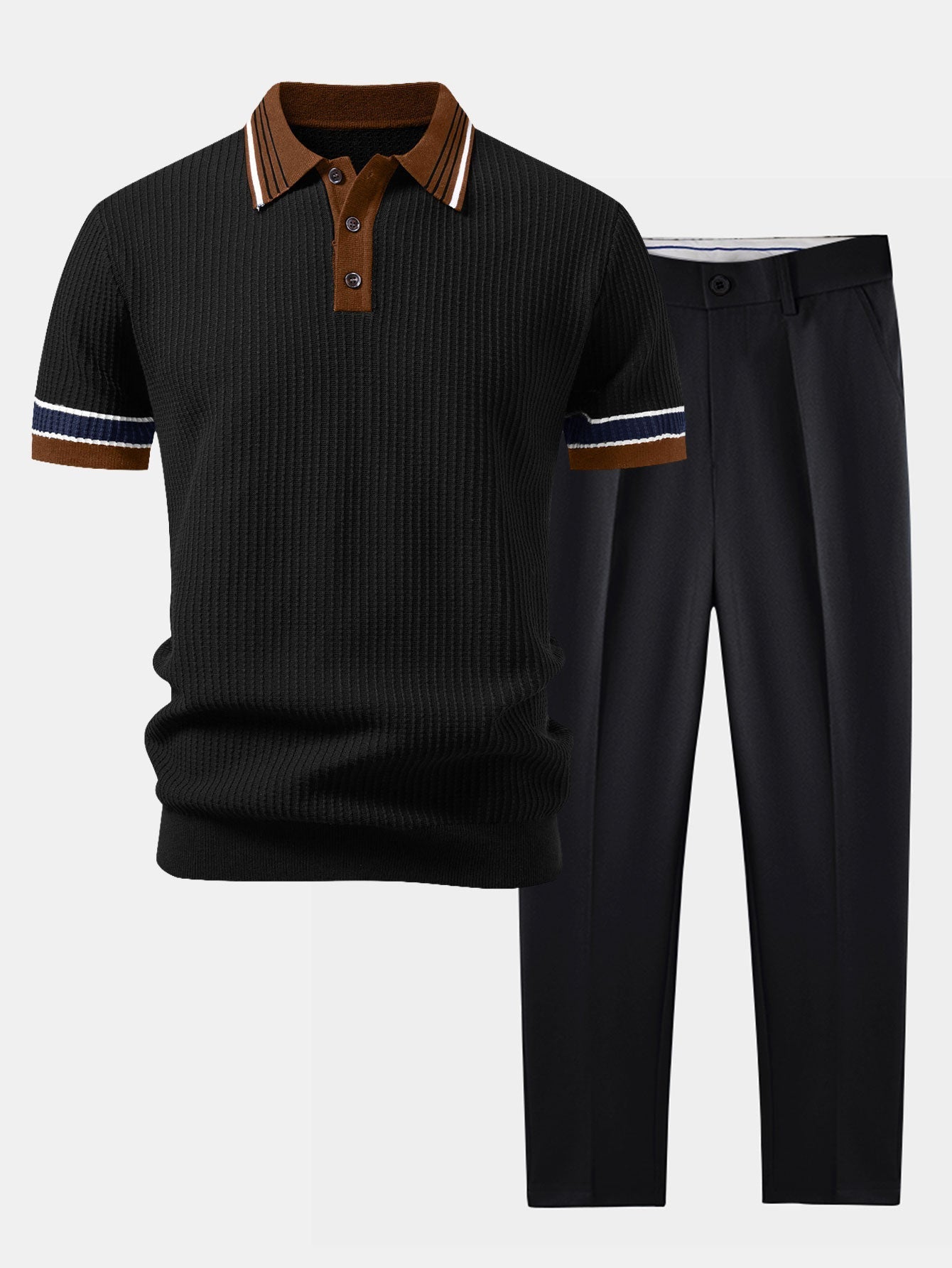 Contrast Stripe Trim Waffle Knit Polo & Slim Fit Tapered Trousers