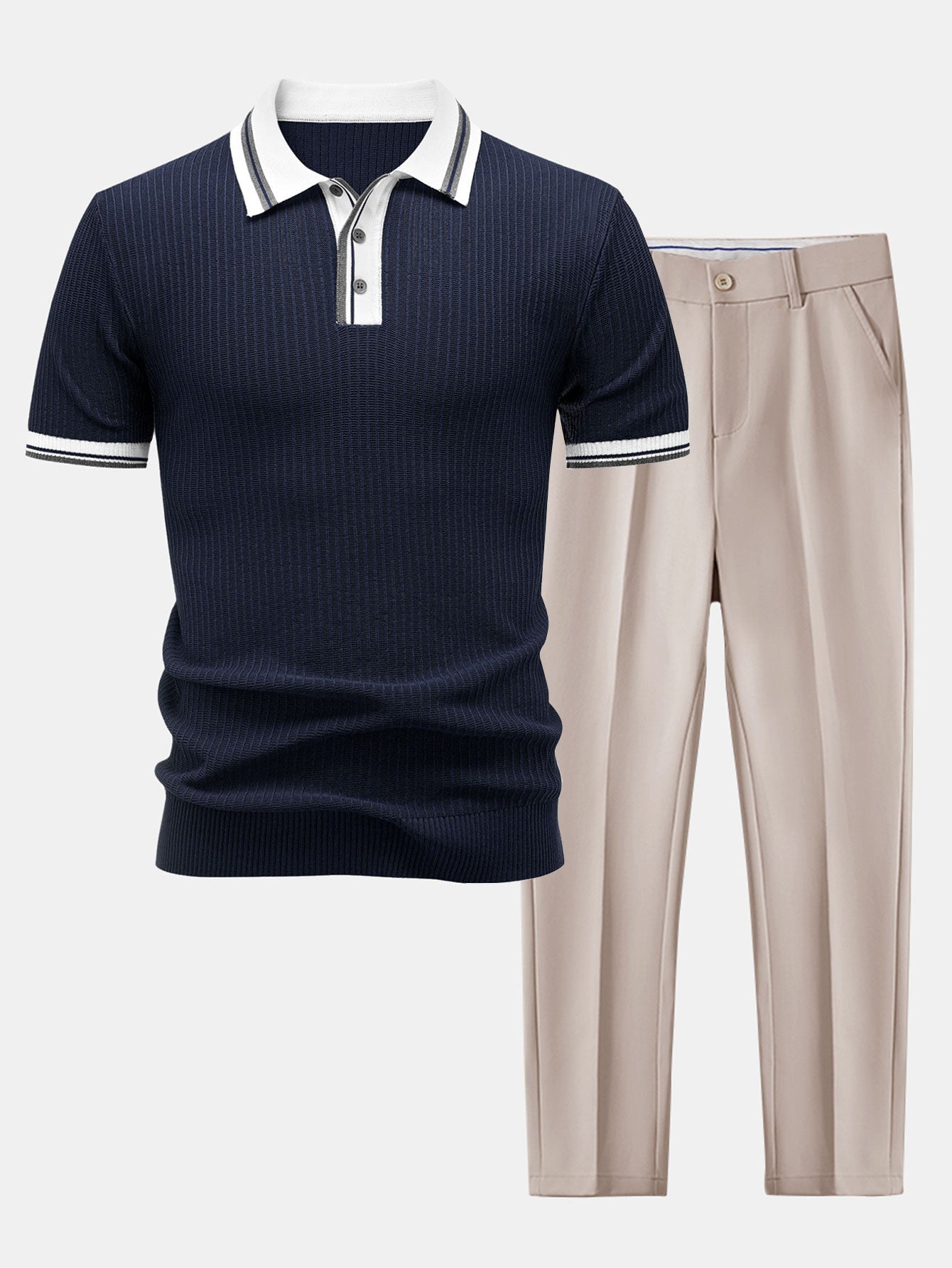 Contrast Trim Knit Polo Shirt & Slim Fit Tapered Trousers