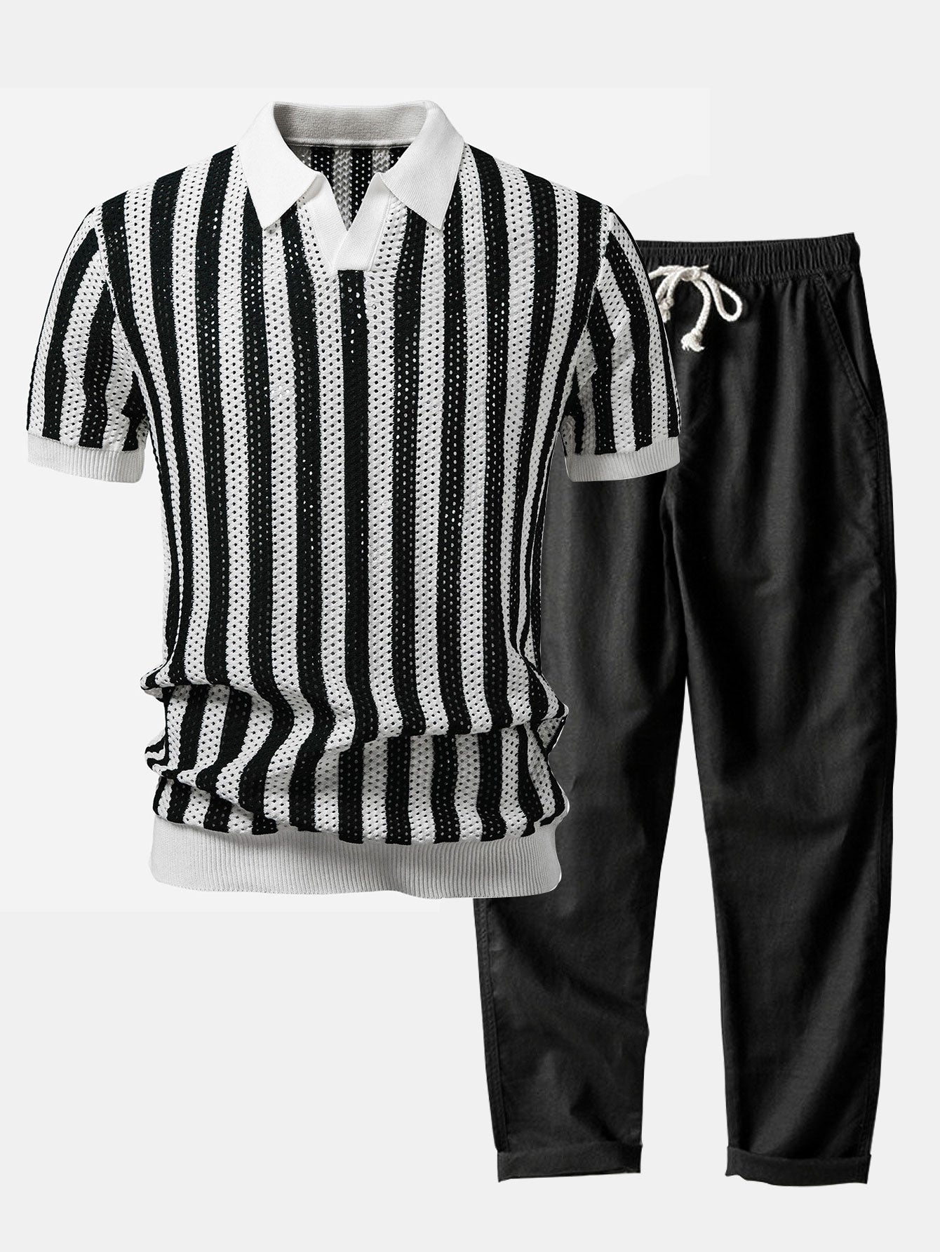 Stripe Johnny Collar Open Knit Polo & Straight Leg Linen Pants