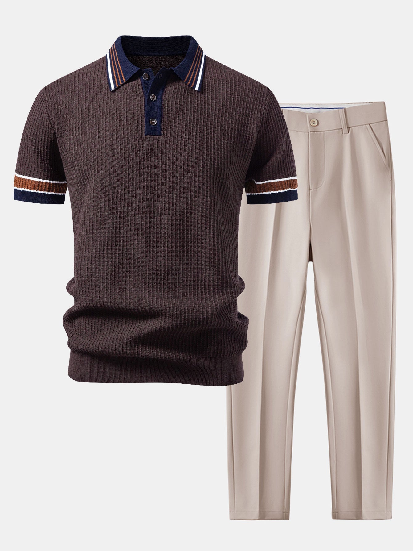 Contrast Stripe Trim Waffle Knit Polo & Slim Fit Tapered Trousers