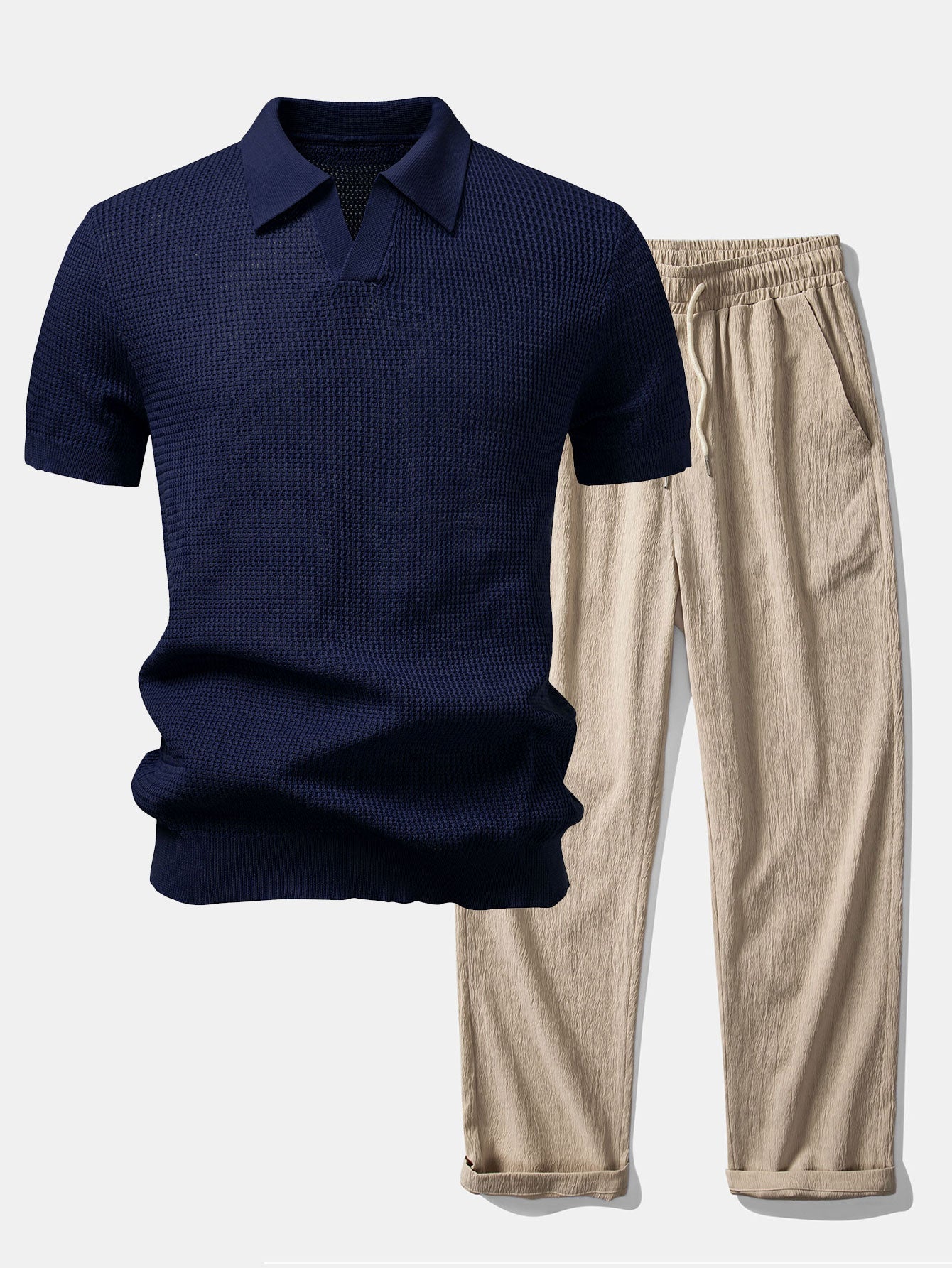 Textured Johnny Collar Crocheted Knit Polo & Crinkle Textured Straight Leg Pants