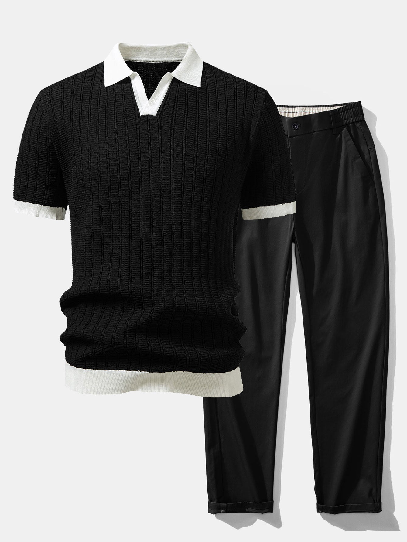 Contrast Textured Johnny Collar Knit Polo & Elastic Waist Straight Leg Trousers