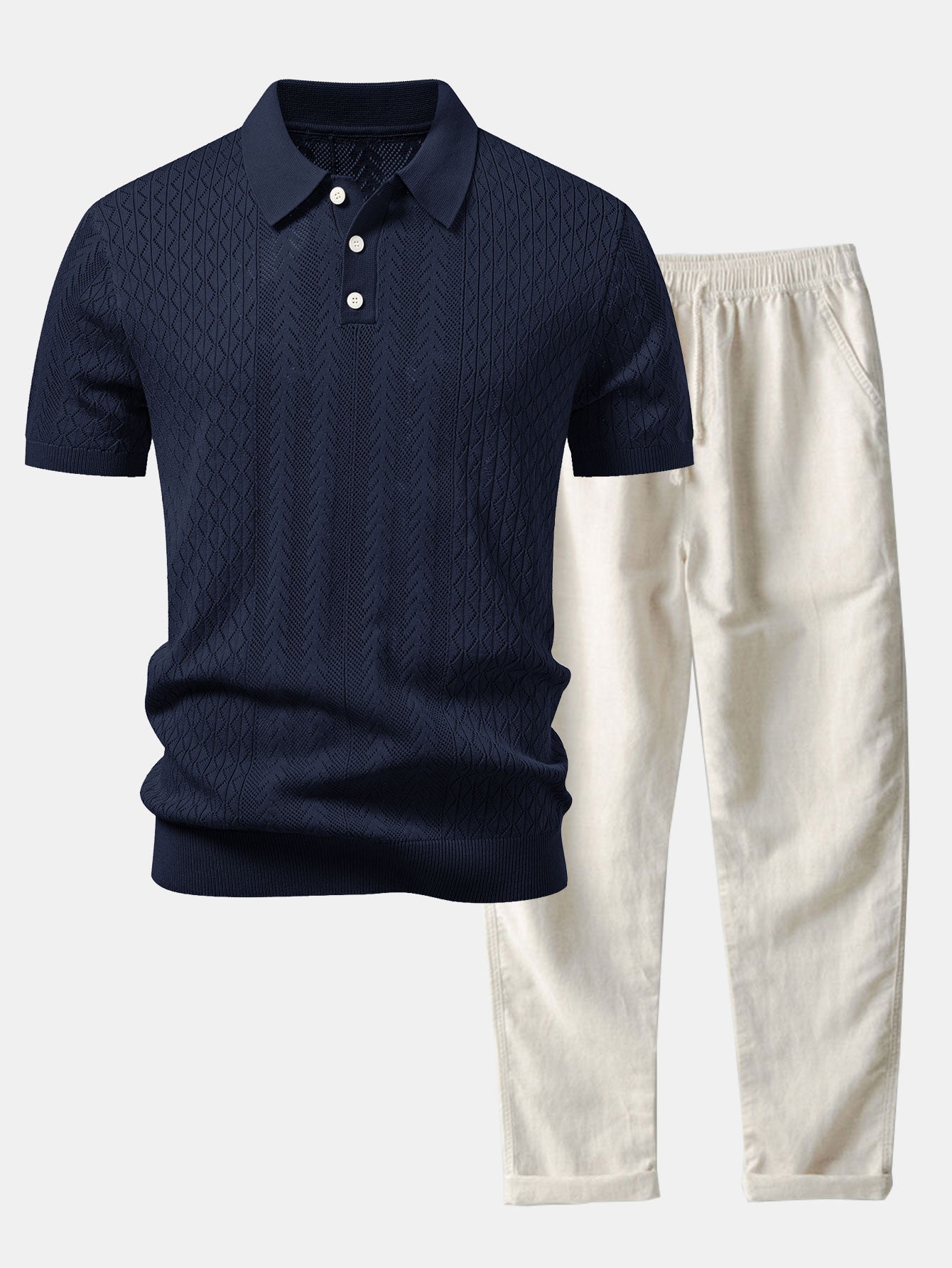 Geometric Jacquard Open Knit Polo & Straight Leg Linen Pants
