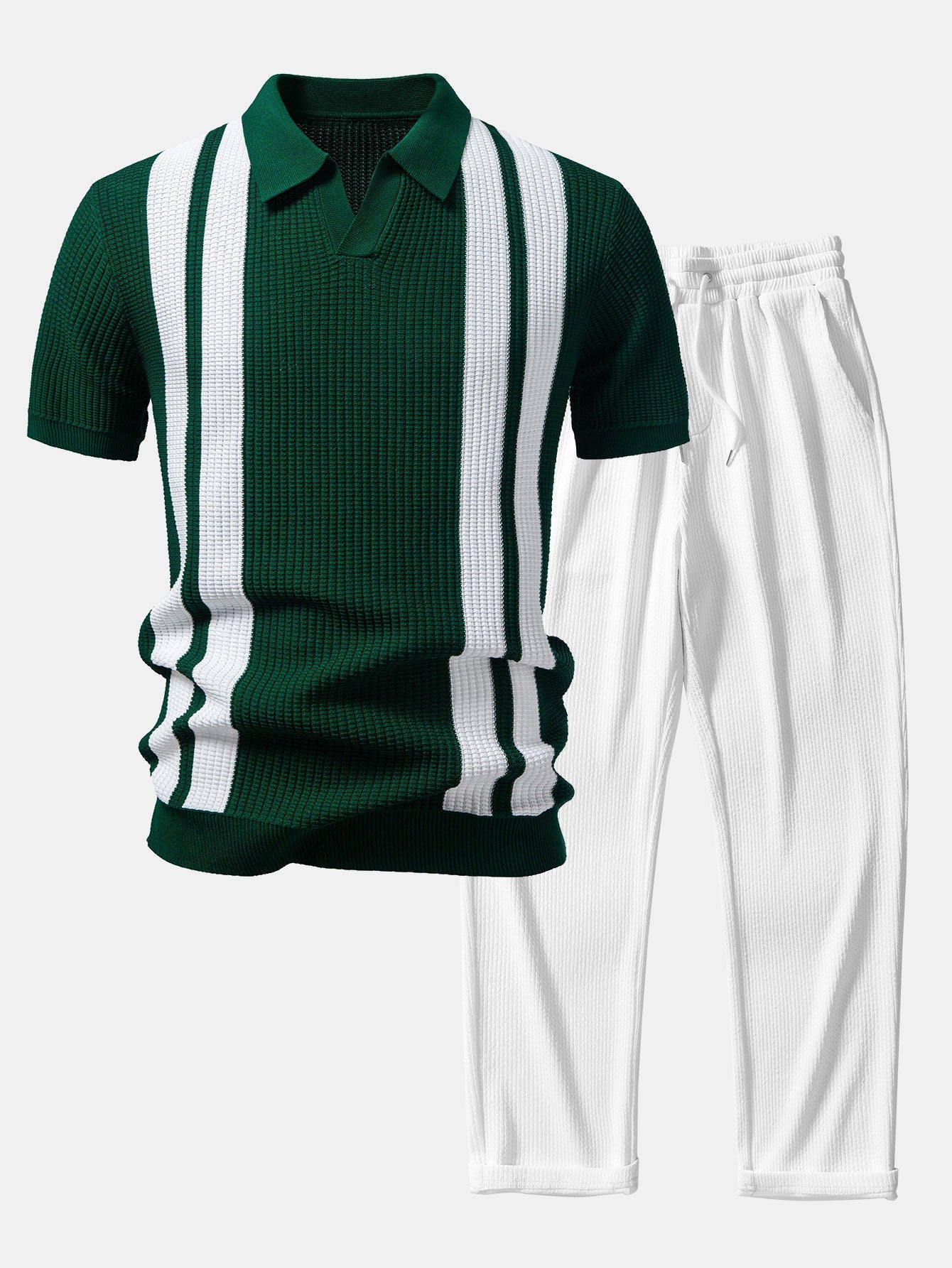 Stripe Johnny Collar Knit Polo & Straight Leg Ribbed Pants
