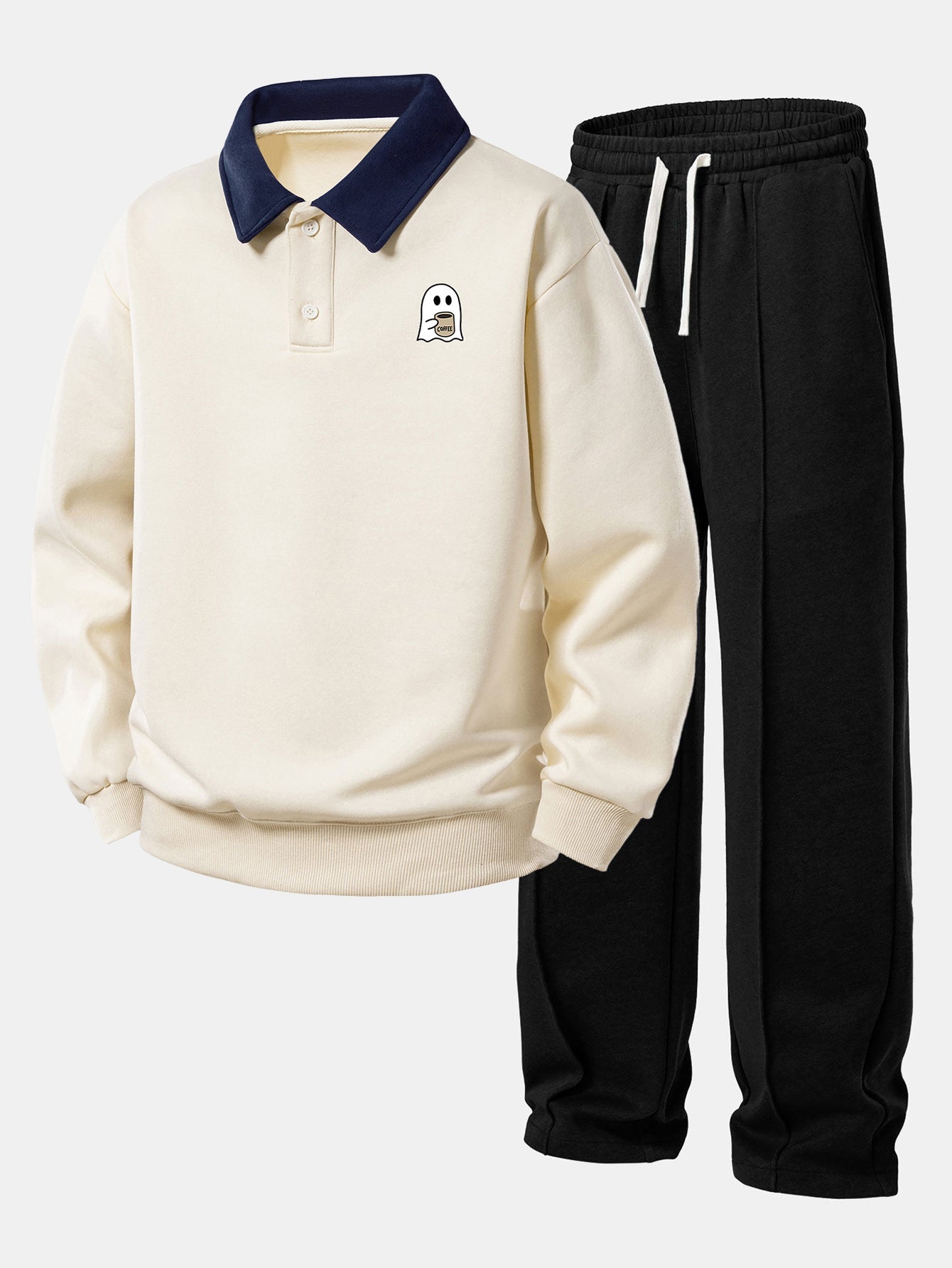 Relax Fit Ghost Drinking Coffee Print Contrast Polo Sweatshirt & Straight Leg Pleated Pintuck Sweatpants