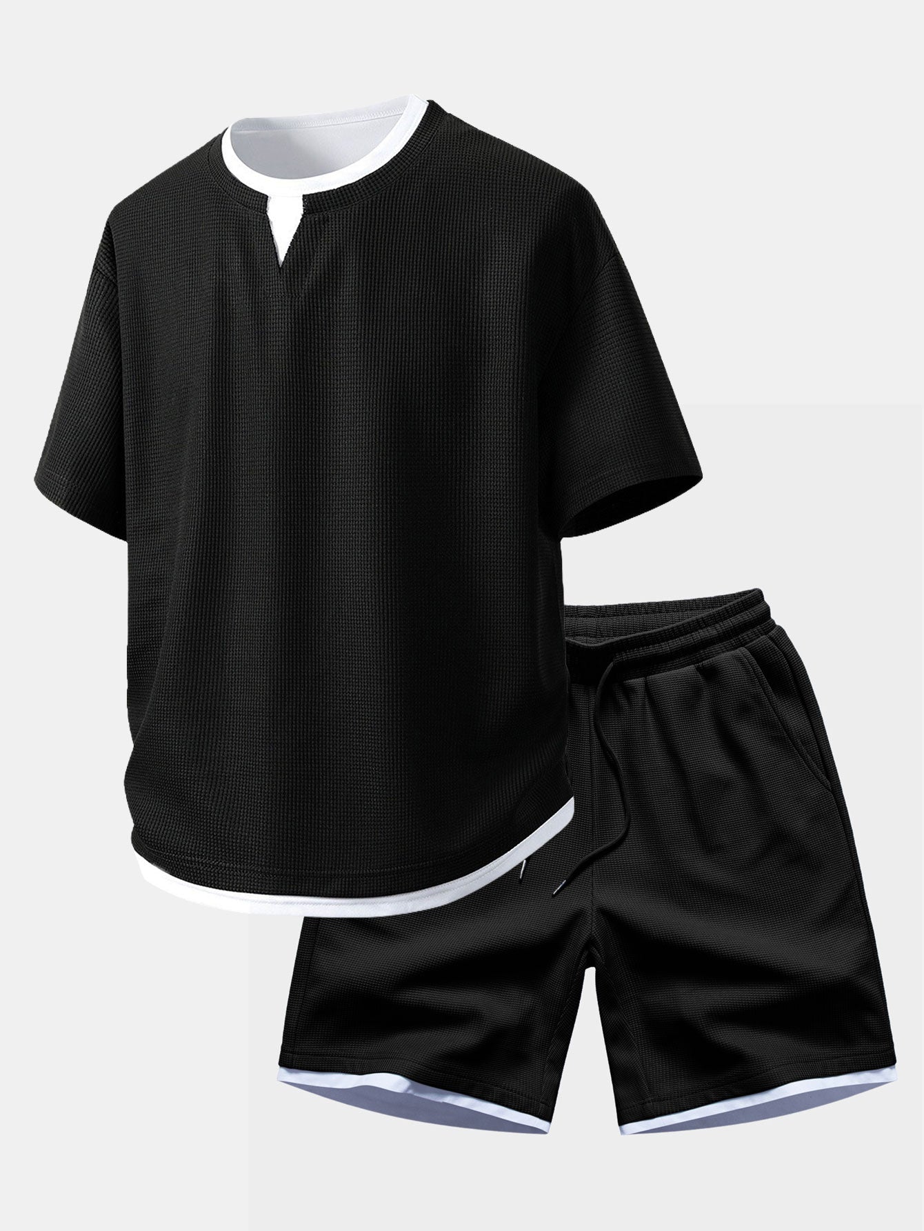 Relax Fit 2 In 1 Notched Collar Waffle T-Shirt & Waffle 7″‌ Shorts