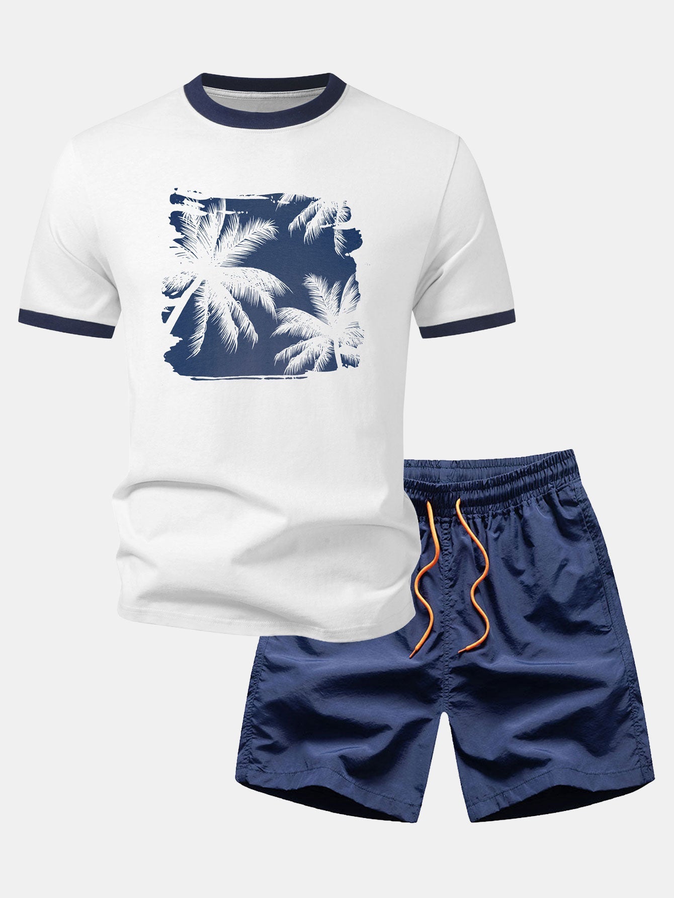 Palm Tree Print Contrast Ringer T-Shirt & Swim Shorts