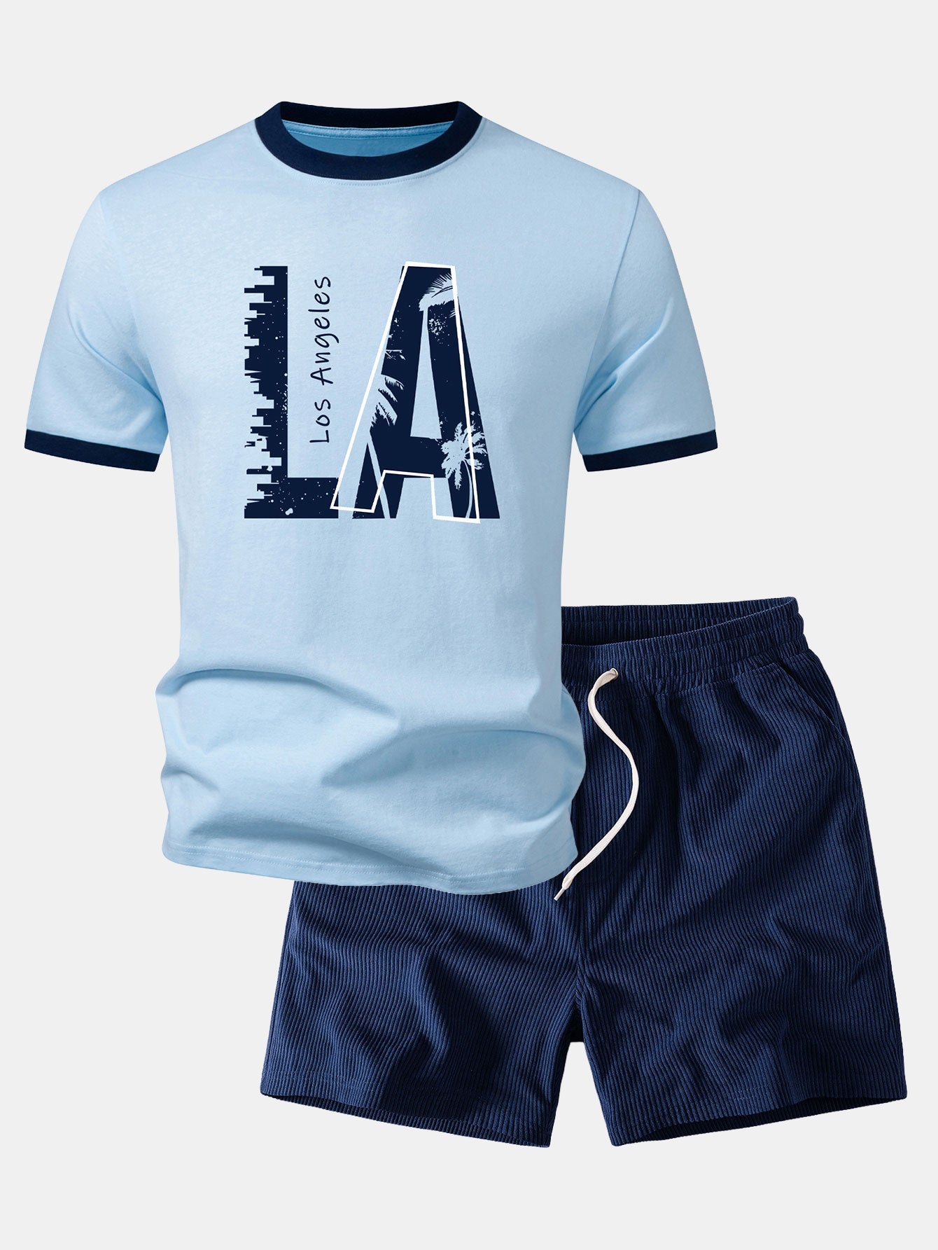 Los Angeles Print Contrast Ringer T-Shirt & 5" Drawstring  Corduroy Shorts