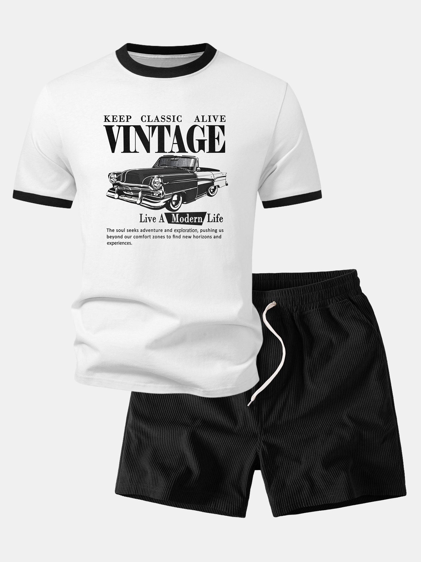 Vintage Car Print Contrast Ringer T-Shirt & 5" Drawstring  Corduroy Shorts