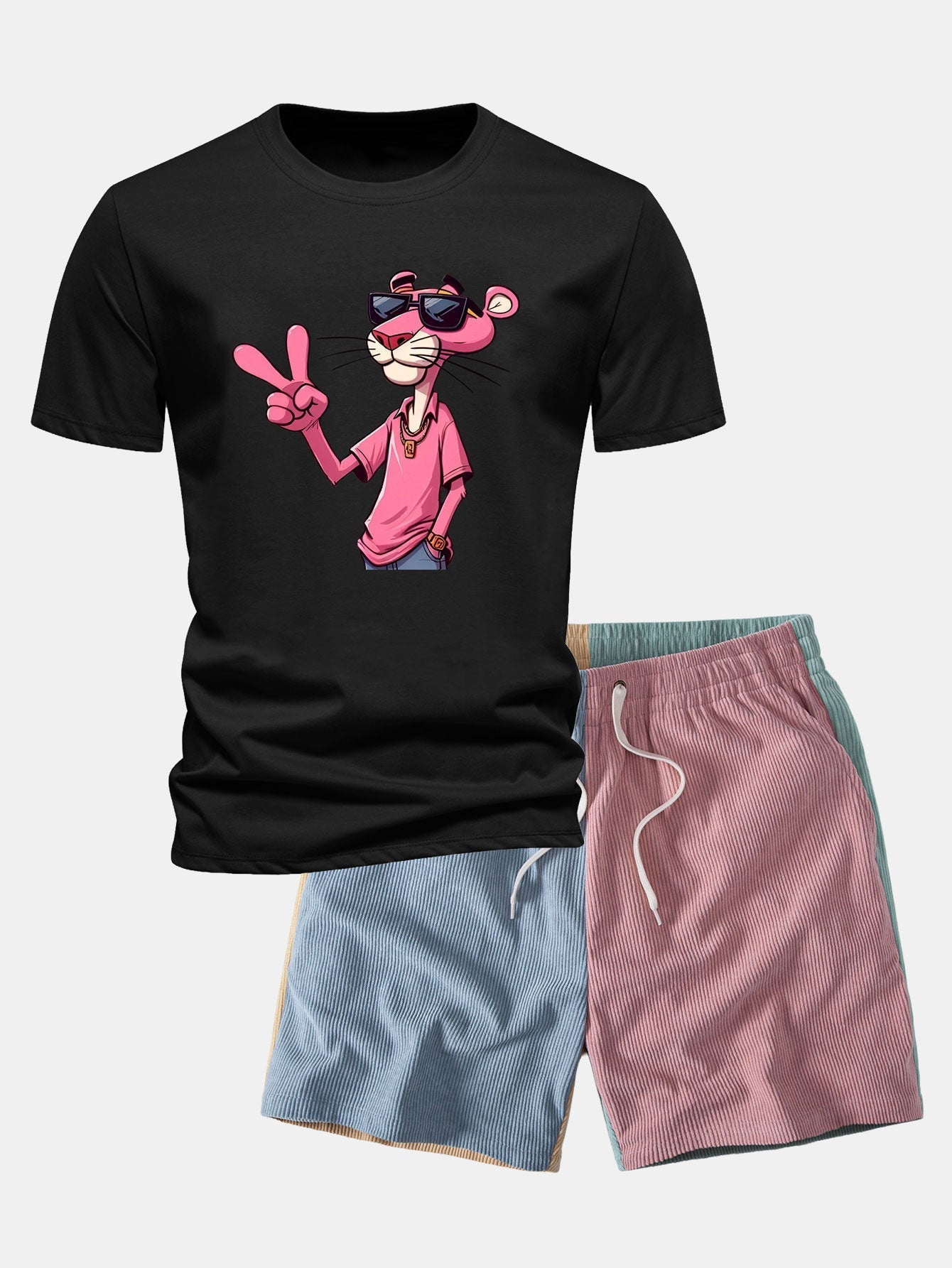 Regular Fit Pink Panther With V Sign Print Cotton T-Shirt & Color Block Drawstring 6" Corduroy Shorts