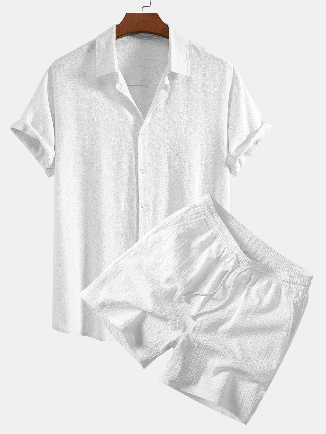 Linen Rayon Blend Button Up Shirt & Crinkle Textured Drawstring 5" Shorts